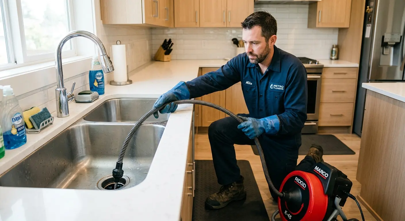 Drain cleaning technician using a motorized snake on a kitchen sink in Cary