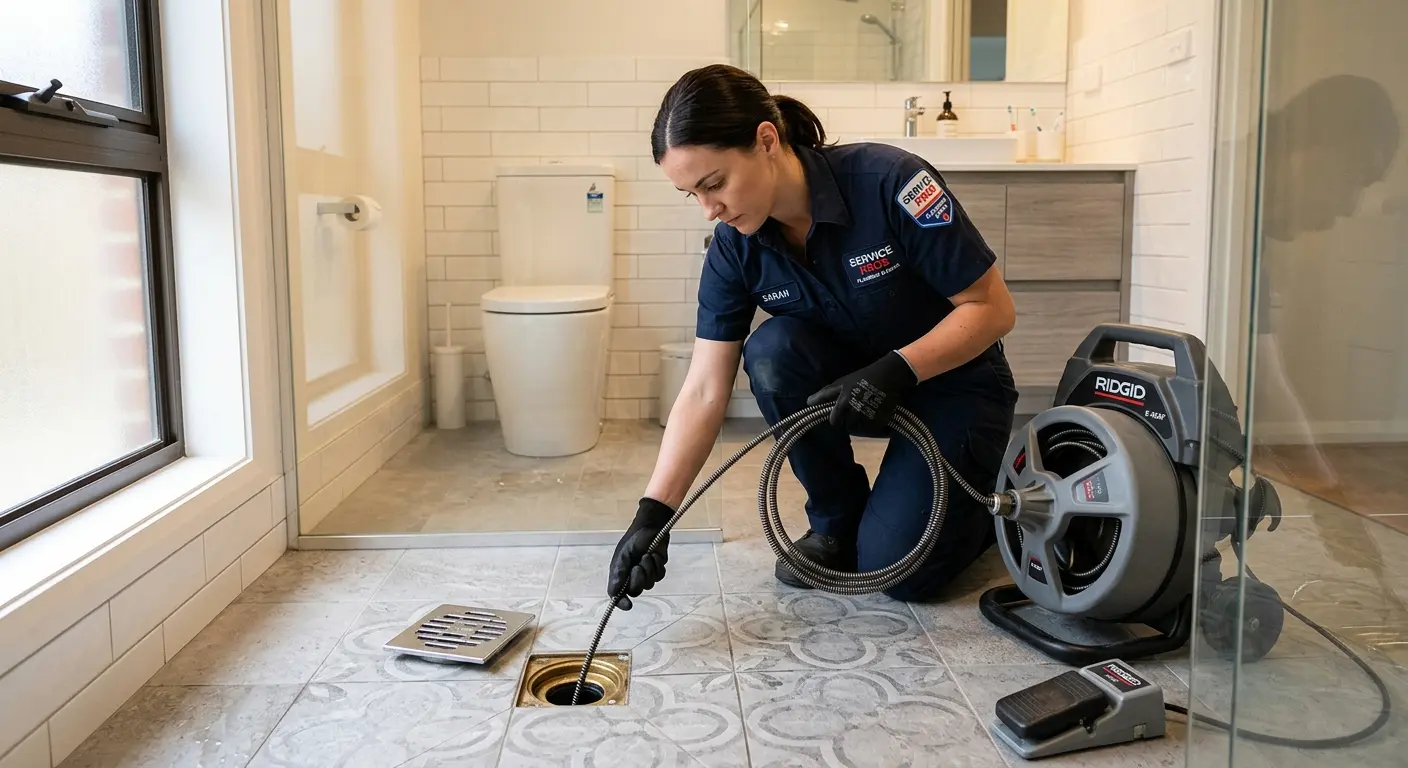 Technician clearing a bathroom floor drain for Sewer Line Installation in Cary